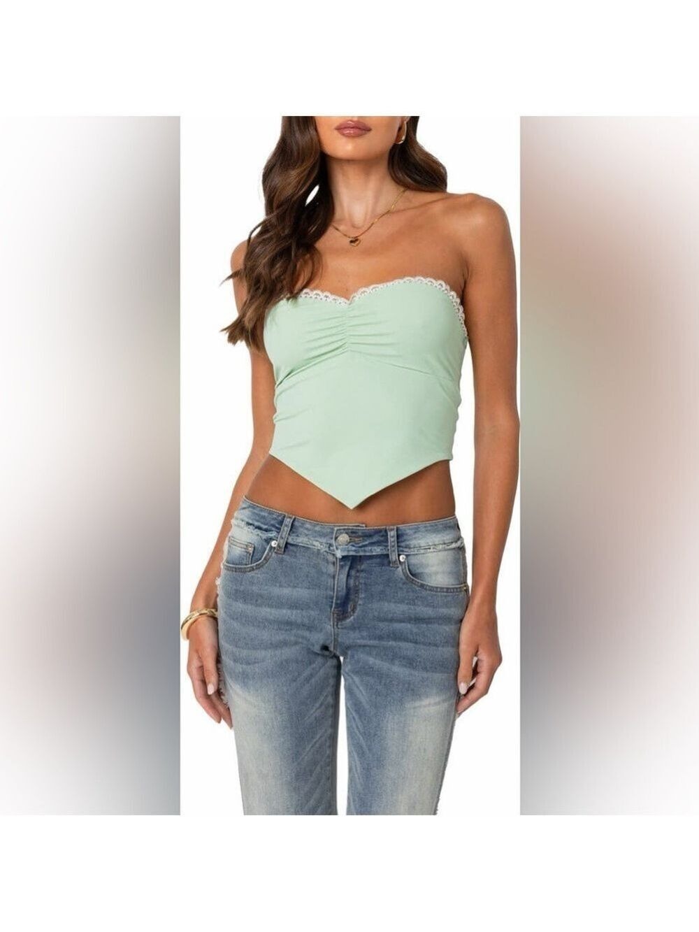 Edikted Cinched Strapless Triangle Top Mint Sage Green Lace Crop Tube Size L NWT